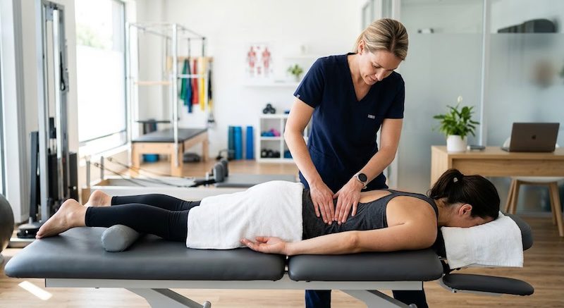 Seduta di fisioterapia in studio professionale con paziente sul lettino